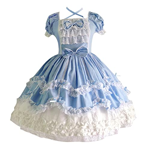 BIKETAFUWY Lolita Kleid Gothic Kawaii Japanese Maid Lolita Princess Dress Minikleid Kurzarm Sweet Girl Anime Cosplay Fancy Dress Vintage Gothic Kleider mit Rüschen Punk Spitzekleid Princess Dress von BIKETAFUWY