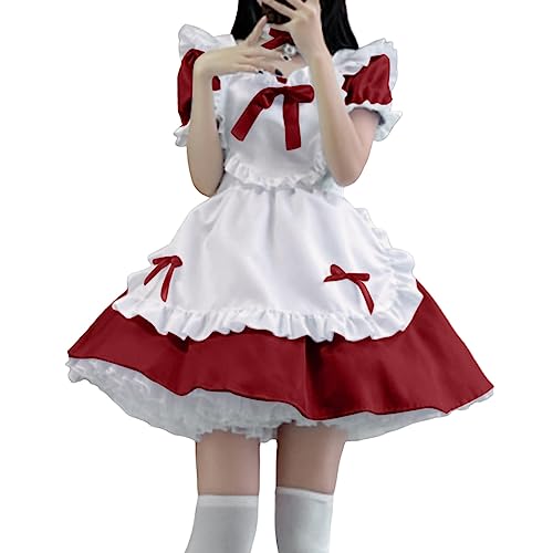 BIKETAFUWY Lolita Kleid Gothic Kawaii Japanese Maid Lolita Princess Dress Minikleid Kurzarm Sweet Girl Anime Cosplay Fancy Dress Vintage Gothic Kleider mit Rüschen Punk Spitzekleid Princess Dress von BIKETAFUWY