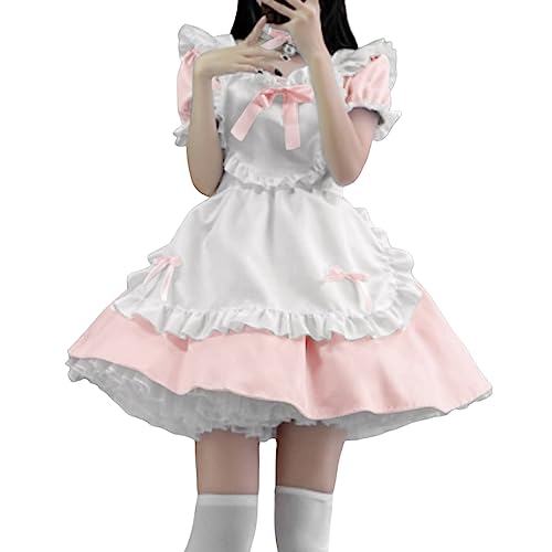 BIKETAFUWY Lolita Kleid Gothic Kawaii Japanese Maid Lolita Princess Dress Minikleid Kurzarm Sweet Girl Anime Cosplay Fancy Dress Vintage Gothic Kleider mit Rüschen Punk Spitzekleid Princess Dress von BIKETAFUWY