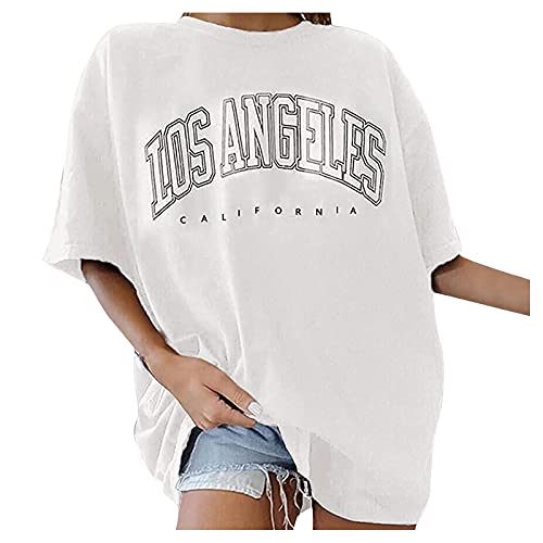 BIKETAFUWY Oversize Tshirt Damen Elegante Baumwolle Lose Rundhals Kurzarm Sommer Oberteile Vintage Drucken Bluse Streetwear Sport Oberteile Vintage Sweatshirt Teenager Mädchen Tunika Lang Tops von BIKETAFUWY