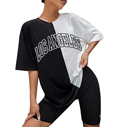 BIKETAFUWY Oversize Tshirt Damen Elegante Baumwolle Lose Rundhals Kurzarm Sommer Oberteile Vintage Drucken Bluse Streetwear Sport Oberteile Vintage Sweatshirt Teenager Mädchen Tunika Lang Tops von BIKETAFUWY