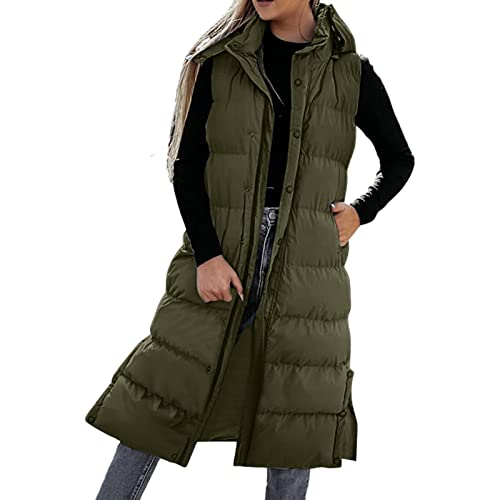 BIKETAFUWY Steppweste Damen Lang Daunenweste Ärmellose Longweste Einfarbige Winddichte Funktionsweste Gesteppt Steppjacke Großer Größe Mit Kapuze Taschen Daunenmantel Winterjacke Outdoor von BIKETAFUWY