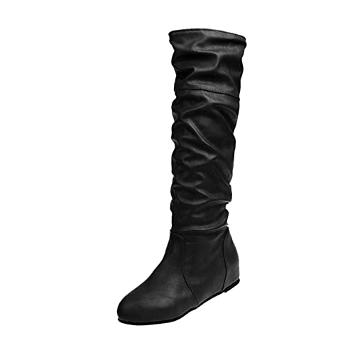 BIKETAFUWY Stiefeletten Damen Hoch Stiefel Knie Plissee Vintage Lässige Länge Keile Stiefel Stiefel Schuhe für Damen Damenstiefel Damen Schuhe Pumps Rot von BIKETAFUWY