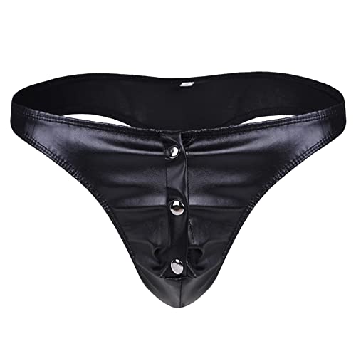 BIKETAFUWY String Tanga Herren Leder Wetlook Loch Metall-Penisring Männer Bikini Slip Thong Tanga Lack Leder Briefs Low Rise Erotik Unterwäsche von BIKETAFUWY