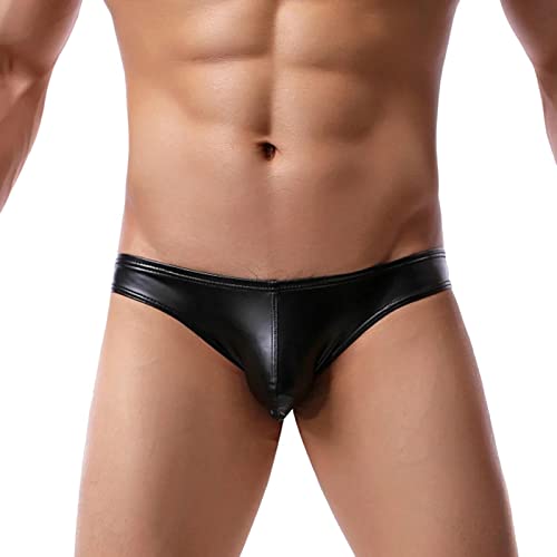 BIKETAFUWY String Tanga Herren Sexy Unterwäsche Leder Wetlook Hochglanz Lack-Optik Farbe Schwarz Kunstleder Dessous Erotik Erotische Reizwäsche für Männer Underwear Gogo Clubwear 004 von BIKETAFUWY