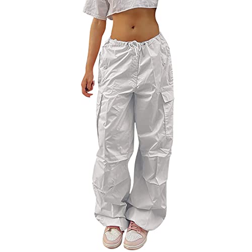 Damen Cargohosen y2k Baggy Track Pants Elastische Hohe Taille Hose Gerade Breites Bein Vintage Jeanshosen 90er Streetwear Boyfriend Pants Parachute Pants 90er E-Girl Teenager von BIKETAFUWY