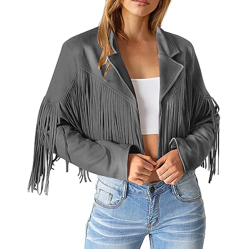 Damen Faux Wildleder Cowboy Wildlederjacke Cowgirl Retro Hippie Kleidung Classic Mantel Frauen Fransenjacke 70er Jahre Langarm Slim Lederjacke Wildlederoptik Freizeit Übergangsjacke Motorradjacke von BIKETAFUWY