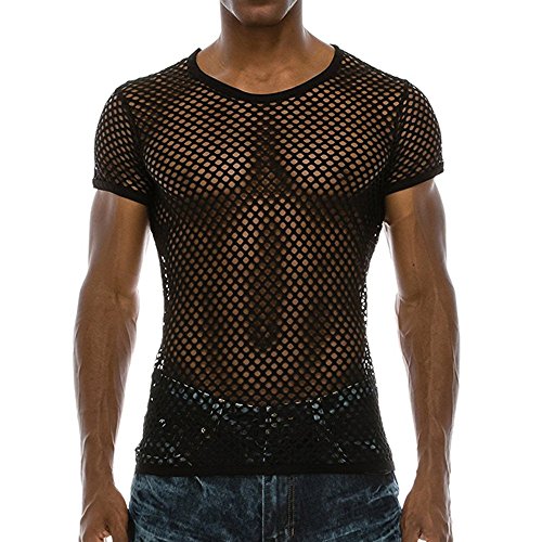 Herren Fischnetz T-Shirt Kurzarm Shirts Sexy Netz Unterhemd Slim Fit Tops Muskel Transparent Shirts Männer Top Netzshirt Unterwäsche Netzstruktur Durchsichtiges Oberteil Netzhemd mit Halbem Arm von BIKETAFUWY