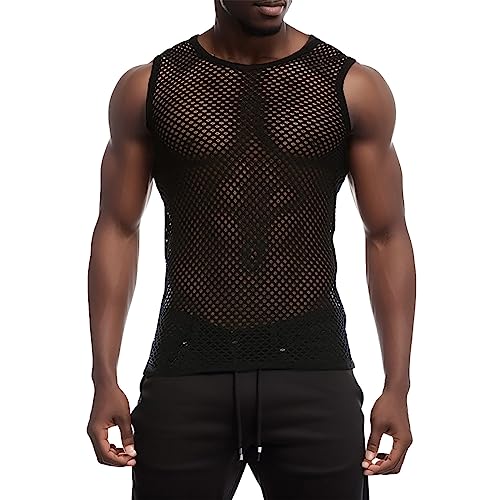 Herren Fischnetz T-Shirt Kurzarm Shirts Unterhemd Slim Fit Muskel Transparent Shirts Männer Netzshirt Sexy Netz Tops Unterwäsche Netzstruktur Netzhemd Durchsichtiges Oberteil von BIKETAFUWY