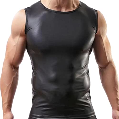 Herren Latex Tank Top Schwarz Leder Optik Männer Shirt Unterhemd Kurzarm Unterwäsche Stretch Hemd Tops Clubwear Sommer Weste Muskel Top Lack-Leder Oberteil von BIKETAFUWY