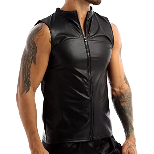 Herren Leder Shirt Slim Fit Tank Top ohne Arm Hochglanz Wetlook Lack-Optik in Schwarz Lackleder Reizwäsche Dessous mit Reißverschlüsse Unterwäsche Muskelshirt Muskel Top Vinyl Oberteil 017 von BIKETAFUWY