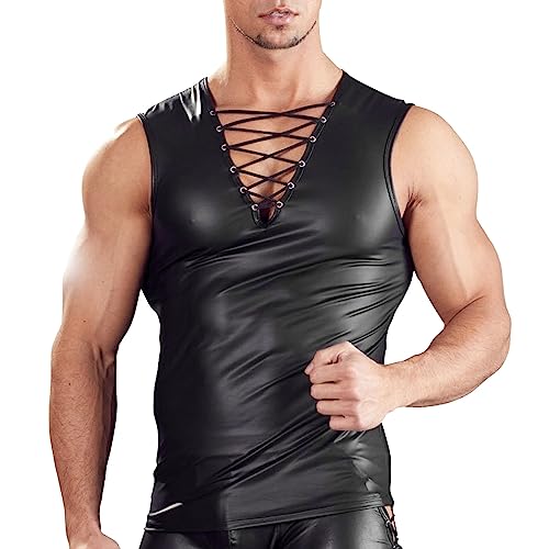 Herren Leder Shirt Slim Fit Tank Top ohne Arm Hochglanz Wetlook Lack-Optik in Schwarz Lackleder Reizwäsche Dessous mit Reißverschlüsse Unterwäsche für Männer Muskelshirt Muskel Top Vinyl Oberteil von BIKETAFUWY