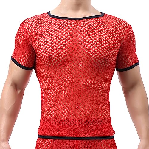 Herren Muskel Transparent T-Shirt Kurzarm Fischnetz Shirts Sexy Netz Unterhemd Slim Fit Tops Muskel Transparent Shirts Männer Netzshirt Unterwäsche Netzstruktur Durchsichtiges Oberteil Netzhemd von BIKETAFUWY