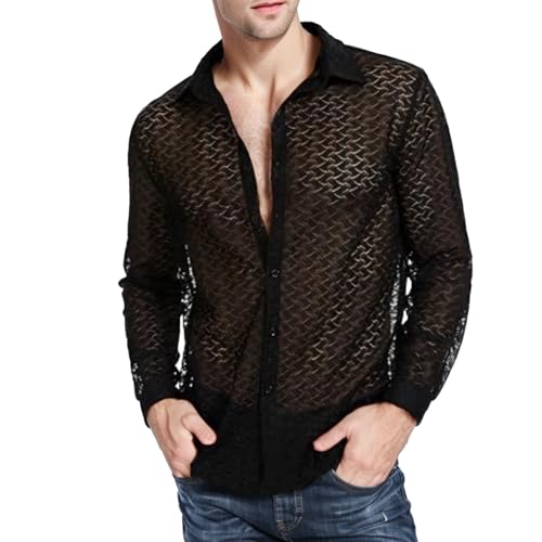 Herren Sexy Transparent T Shirt Glatt Gaze Slim Fit Tops Unterwäsche Slim Fit Tops Reizwäsche Schwarz Herren Muskel Transparent Jacke Netz Hemden Langarm Netzhemd Unterwäsche von BIKETAFUWY