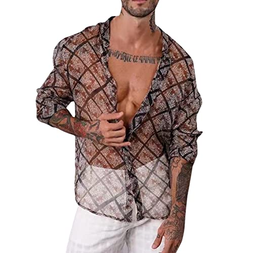 Herren Sexy Transparent T Shirt Glatt Gaze Slim Fit Tops Unterwäsche Slim Fit Tops Reizwäsche Schwarz Herren Muskel Transparent Jacke Netz Hemden Langarm Netzhemd Unterwäsche von BIKETAFUWY