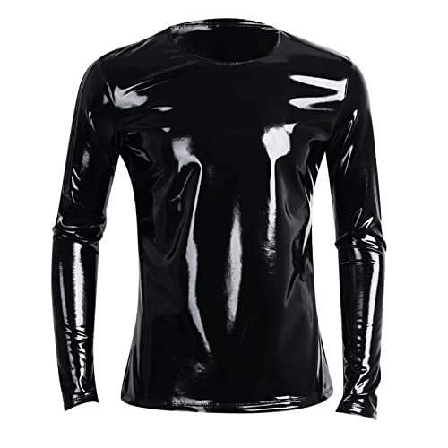 Herren Shirt Muskelshirt Tank Top Lang Arm Leder Lack Latex Optik Schwarz Männer Unterwäsche Stretch Hemd Tops Clubwear Guywear Gogo Swingerclub Freizeithemd Sommer Muskel Top Vinyl Oberteil 009 von BIKETAFUWY