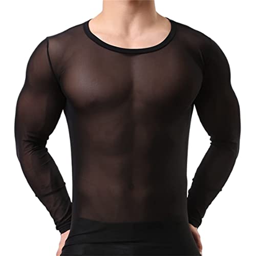 Herren Transparent Netzhemd Sexy Netzshirt Slim Fit Muskel Jacke Netz Hemden Langarm T Shirt Nachtwäsche Männer Reizvoll Unterwäsche Mesh Tops Schwarz Durchsichtiges Oberteil (C#1-Black, L) von BIKETAFUWY