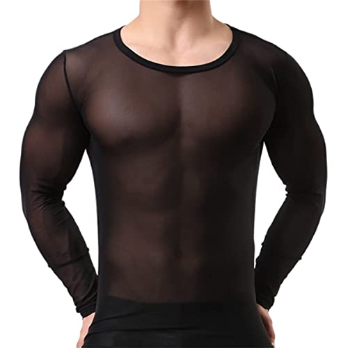 Herren Transparent Netzhemd Sexy Netzshirt Slim Fit Muskel Jacke Netz Hemden Langarm T Shirt Nachtwäsche Männer Reizvoll Unterwäsche Mesh Tops Schwarz Durchsichtiges Oberteil (C#1-Black, S) von BIKETAFUWY