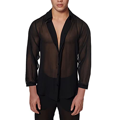 Herren Transparent Netzhemd Sexy Netzshirt Slim Fit Muskel Jacke Netz Hemden Langarm T Shirt Nachtwäsche Männer Reizvoll Unterwäsche Mesh Tops Schwarz Durchsichtiges Oberteil von BIKETAFUWY