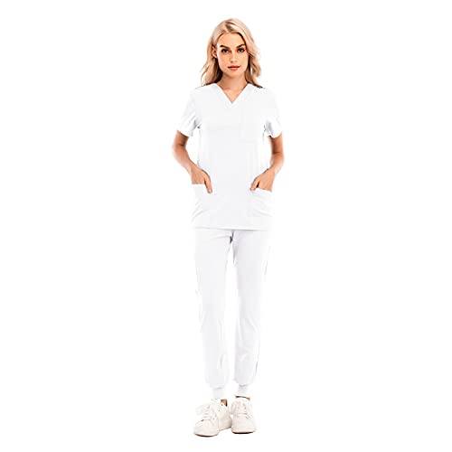 Kasack Damen Pflege Set Sommer Stretch Schlupfhemd Schlupfhose Pflegekleidung Berufskleidung Einfarbig V-Ausschnitt Kurzarm T-Shirts + Hosen Arbeitsuniform Krankenhauskleidung Kittel Outfit von BIKETAFUWY