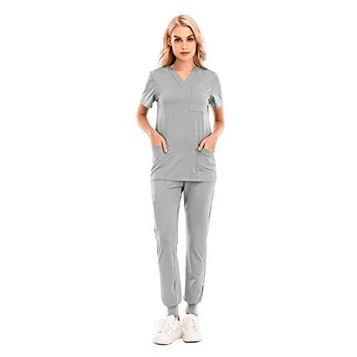 Kasack Damen Pflege Set Sommer Stretch Schlupfhemd Schlupfhose Pflegekleidung Berufskleidung Einfarbig V-Ausschnitt Kurzarm T-Shirts + Hosen Arbeitsuniform Krankenhauskleidung Kittel Outfit von BIKETAFUWY