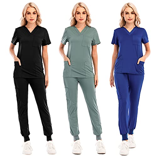 Kasack Damen Pflege Set Sommer Stretch Schlupfhemd Schlupfhose Pflegekleidung Berufskleidung Einfarbig V-Ausschnitt Kurzarm T-Shirts + Hosen Arbeitsuniform Krankenhauskleidung Kittel Outfit von BIKETAFUWY