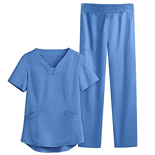 Kasacks Damen 2-Teiliges Set Medizinische Uniform mit Schlupfkasack Kurzarm+Schlupfhose Damen Kasacks Pflege V-Ausschnitt Medizinische Berufsbekleidung Kasack Hose Einfarbig OP-Kleidung 001 von BIKETAFUWY