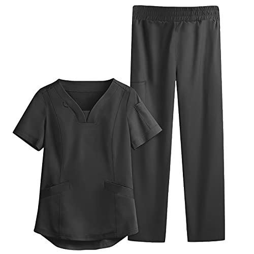 Kasacks Damen 2-Teiliges Set Medizinische Uniform mit Schlupfkasack Kurzarm+Schlupfhose Damen Kasacks Pflege V-Ausschnitt Medizinische Berufsbekleidung Kasack Hose Einfarbig OP-Kleidung 001 von BIKETAFUWY