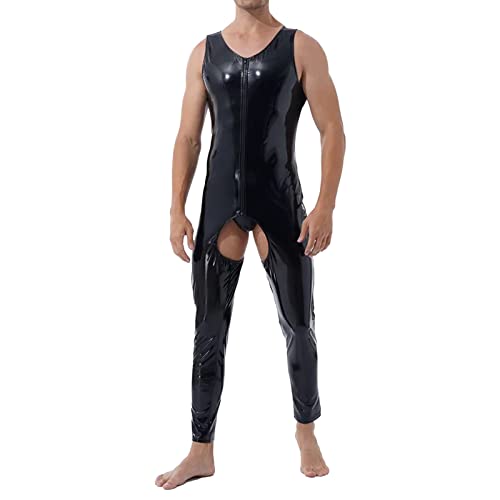 Latex ähnliches Herren Shirt Sexy Männer Shirt Erotische Schwarz Leder Optik Unterhemd Langarmarm Unterwäsche Stretch Hemd Clubwear Freizeithemd Muskel Top Lack-Leder Oberteil 022 von BIKETAFUWY