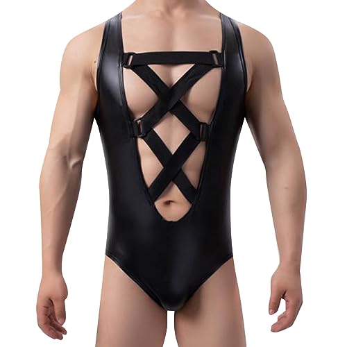 Latex ähnliches Herren Shirt Sexy Männer Shirt Erotische Schwarz Leder Optik Unterhemd Langarmarm Unterwäsche Stretch Hemd Clubwear Freizeithemd Muskel Top Lack-Leder Oberteil 022 von BIKETAFUWY