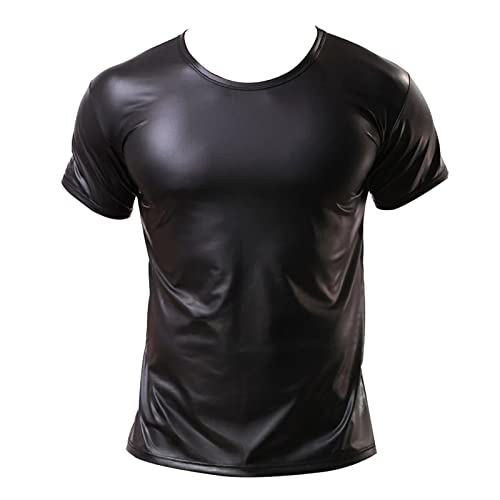 Latex ähnliches Herren Shirt Sexy Schwarz Leder Optik Männer Shirt Unterhemd Kurzarm Unterwäsche Stretch Hemd Tops Clubwear Guywear Freizeithemd Sommer Muskel Top Lack-Leder Oberteil 002 von BIKETAFUWY