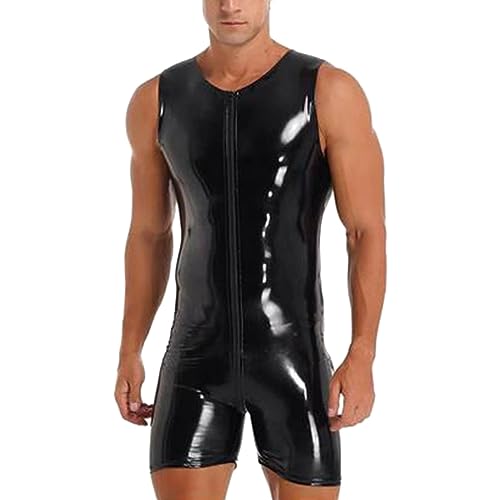 Latex ähnliches Herren Shirt Sexy Schwarz Leder Optik Männer Shirt Unterhemd Unterwäsche Stretch Hemd Tops Clubwear Guywear Freizeithemd Sommer Muskel Top Lack-Leder Oberteil 002 von BIKETAFUWY