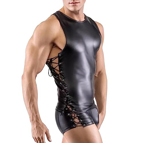 Latex ähnliches Herren Shirt Sexy Set Männer Shirt + Erotische Unterwäsche Schwarz Leder Optik Unterhemd Kurzarm Unterwäsche Stretch Hemd Clubwear Freizeithemd Muskel Top Lack-Leder Oberteil 022 von BIKETAFUWY