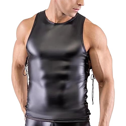 Latex ähnliches Herren Shirt Sexy Set Männer Shirt + Erotische Unterwäsche Schwarz Leder Optik Unterhemd Kurzarm Unterwäsche Stretch Hemd Clubwear Freizeithemd Muskel Top Lack-Leder Oberteil 022 von BIKETAFUWY