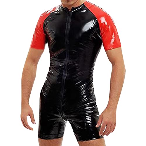 Latex ähnliches Herren Shirt Sexy Set Männer Shirt Erotische Schwarz Leder Optik Unterhemd Kurzarm Unterwäsche Stretch Hemd Clubwear Freizeithemd Muskel Top Lack-Leder Oberteil 022 von BIKETAFUWY