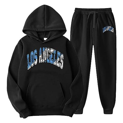 Los Angeles Anzug Herren Damen Los Angeles Jogginganzug 2-teilig Sweatshirt Sweatpant Leichte Hoodie Los Angeles Trainingsanzug Lässig Sportanzug Tracksuit Unisex Jogging Anzug Set Schwarz S-3XL von BIKETAFUWY