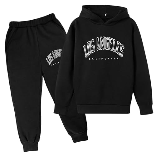 Los Angeles Anzug Kinder Jogginganzug 2-teilig Herbst Buchstaben Drucken Trainingsanzug Sportanzug Sweatshirt Jungen Mädchen Tracksuit Unisex Jogging Anzug Set mit Pullover und Sweathose Schwarz von BIKETAFUWY