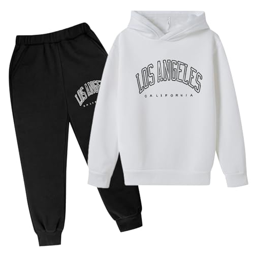 Los Angeles Anzug Kinder Jogginganzug 2-teilig Herbst Buchstaben Drucken Trainingsanzug Sportanzug Sweatshirt Jungen Mädchen Tracksuit Unisex Jogging Anzug Set mit Pullover und Sweathose Schwarz von BIKETAFUWY