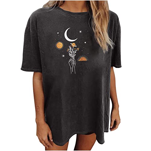 Oversize T Shirt Damen 2023 Kurzarm Sport Sommer Oberteile T-Shirt mit Vintage Muster Sweatshirt Lose Rundhals Bluse Teenager Mädchen Tunika Shirt Lang Tops von BIKETAFUWY