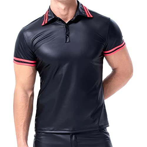 Poloshirt Herren Leder T-Shirt Wetlook Lack-Optik Kunstleder Schwarz Herren Metallic Glänzend Bronzing Nachtklub Party Hemd Muskelshirt Kurzarmshirt von BIKETAFUWY