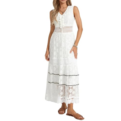 Sommerkleid für Damen, Spitze, einfarbig, V-Ausschnitt, 3/4-Ärmel, Strandkleid, Rüschen, ausgestellt, knielang, leicht, locker, große Größe, locker, Sommerkleid, Freizeitkleid, #32 - Weiß, Large von BIKETAFUWY
