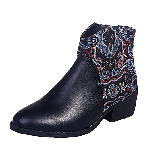 Stiefeletten Damen Kurz Schwarz Kurze Retro-bestickte seitliche runde Damen-Reißverschluss-Zehenstiefel Einzelne Modestiefel Damenstiefel mit mittlerem Absatz Damen Stiefel Herbst Winter Kurze von BIKETAFUWY