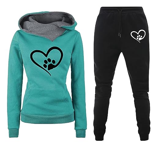 Trainingsanzug Damen Set Zweiteiler Damen Set Heartbeat Print Hoodie Sweatshirt Langarm Jogginganzug Kapuzenpullover Hoodie Damen Set Casual Sport Outfit Schwarz Jogginghose Hosenanzug M-3XL von BIKETAFUWY