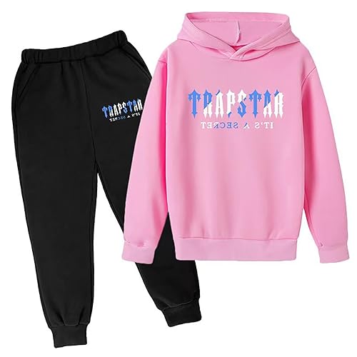 Trapstar Anzug Kinder Trapstar Jogginganzug 2-teilig Herbst Leichte Trapstar Logo Trainingsanzug Sportanzug Jungen Mädchen Tracksuit Unisex Jogging Anzug Set mit Pullover und Sporthosen Schwarz von BIKETAFUWY