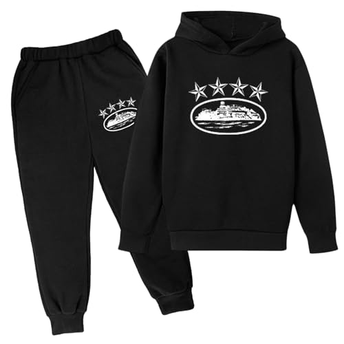 Trapstar Anzug Kinder Trapstar Jogginganzug 2-teilig Herbst Leichte Trapstar Logo Trainingsanzug Sportanzug Jungen Mädchen Tracksuit Unisex Jogging Anzug Set mit Pullover und Sporthosen Schwarz von BIKETAFUWY