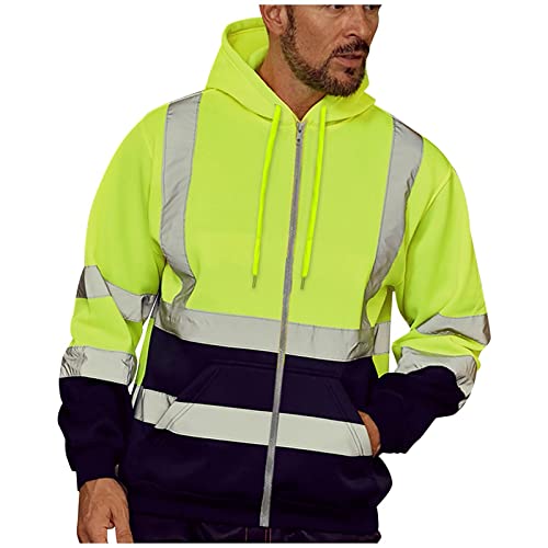 Verkehr Arbeitsjacke Herren Reflektierend Zip Up Hoodie Kapuzen Reißverschluss Warnjacke Baustelle Sicherheitsjacke Kapuzenpullover Gelb Orange Grün Warnschutz Mantel Kapuzenjacke für Herren von BIKETAFUWY