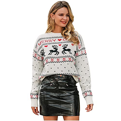 Weihnachtspullover Damen Lustig Strickpullover Damen Weihnachtsliebe Elch Pullover Strick Cartoon Pullover Sweatshirts Strickpulli Christmas Sweater von BIKETAFUWY