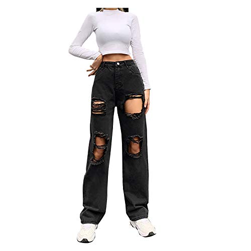 Y2K Style Jeans Stretch Fit Jeans Damen High Waist Jeanshose Fashion Solid Color Ripped Straight Jeans Sexy Slim Casual Destroyed Boyfriend Denim Pants von BIKETAFUWY