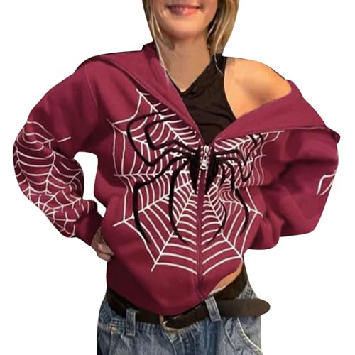 Y2k Zip Up Hoodie Herren Damen Spider Grunge Vintage Gothic Kapuzenjacke Halloween Hunny Kapuzenpullover Männer mit Backprint Streetwear für Paare Langarm Kapuzenpulli Frühling Herbst Winter von BIKETAFUWY