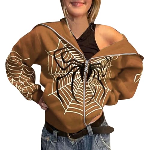 Y2k Zip Up Hoodie Herren Damen Spider Grunge Vintage Gothic Kapuzenjacke Halloween Hunny Kapuzenpullover Männer mit Backprint Streetwear für Paare Langarm Kapuzenpulli Frühling Herbst Winter von BIKETAFUWY